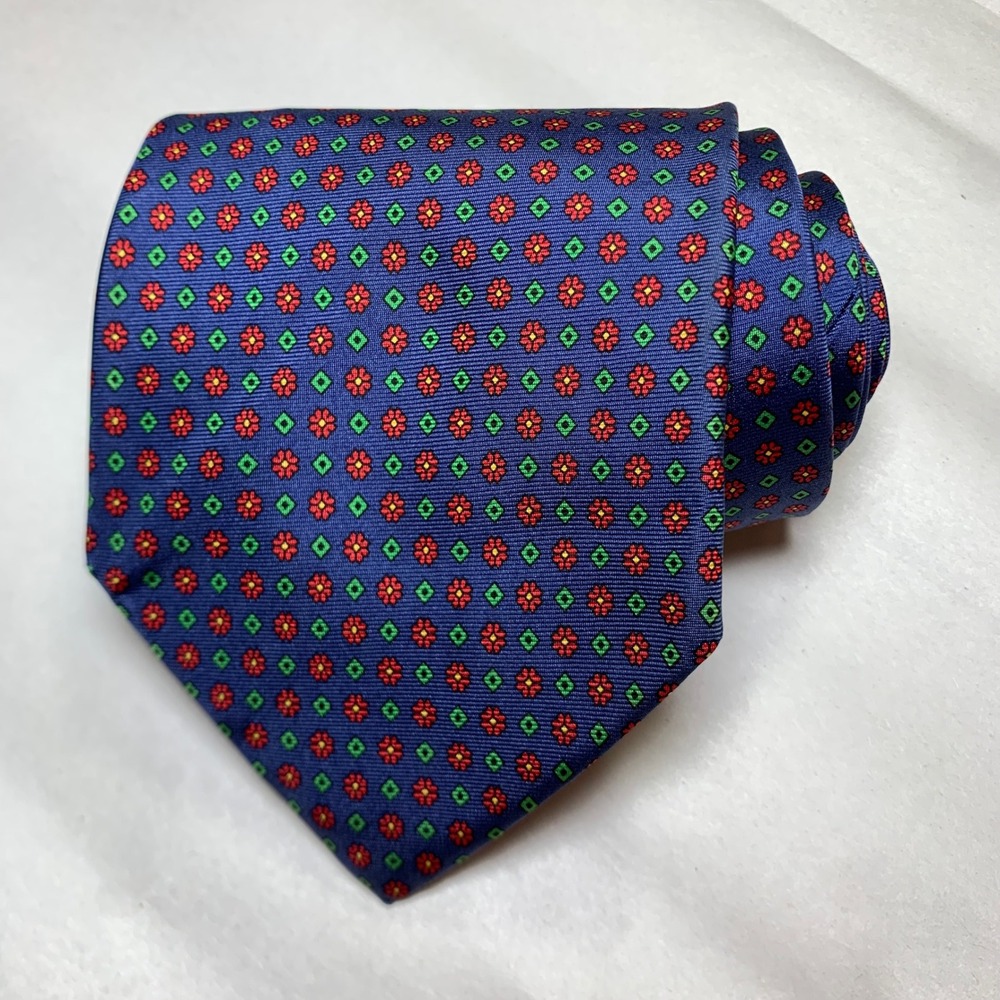 Brooks Brothers Makers Mens Navy Blue Silk Geometric Floral Medallion Tie USA